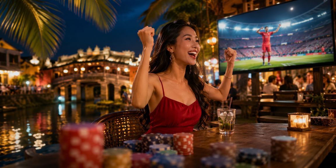 Người hâm mộ đặt cược bóng đá tại quán cà phê Hội An buổi tối